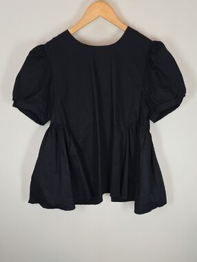 Pomander Place Tuckernuck Black Julianna Peplum Top Size L Puff Sleeve Bow Back